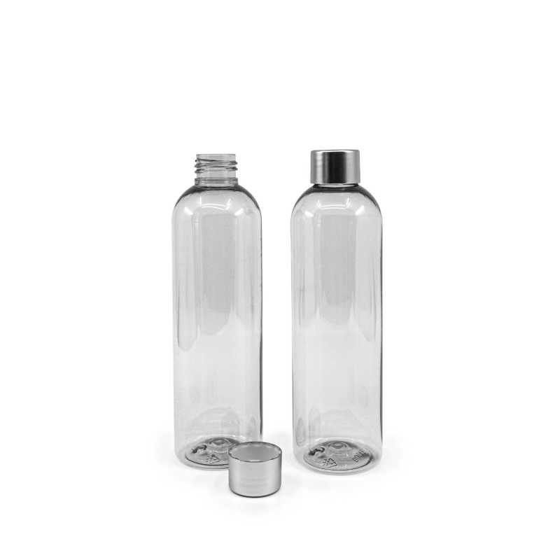 Transparent plastic bottle, ideal for storing a variety of liquids, oils, lotions, etc. It is semi-rigid, but can be squeezed. Made from recycled plastic.Volume