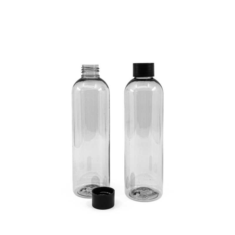 Transparent plastic bottle, ideal for storing a variety of liquids, oils, lotions, etc. It is semi-rigid, but can be squeezed. Made from recycled plastic.Volume