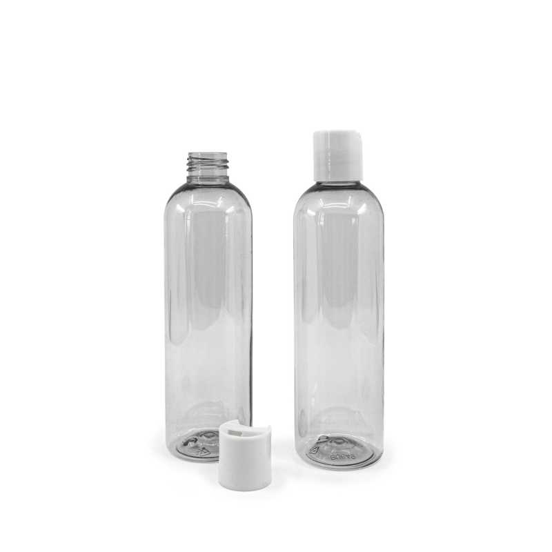 Transparent plastic bottle, ideal for storing a variety of liquids, oils, lotions, etc. It is semi-rigid, but can be squeezed. Made from recycled plastic.Volume