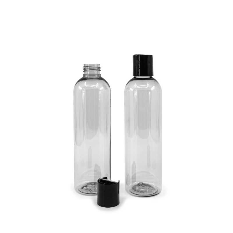 Transparent plastic bottle, ideal for storing a variety of liquids, oils, lotions, etc. It is semi-rigid, but can be squeezed. Made from recycled plastic.Volume