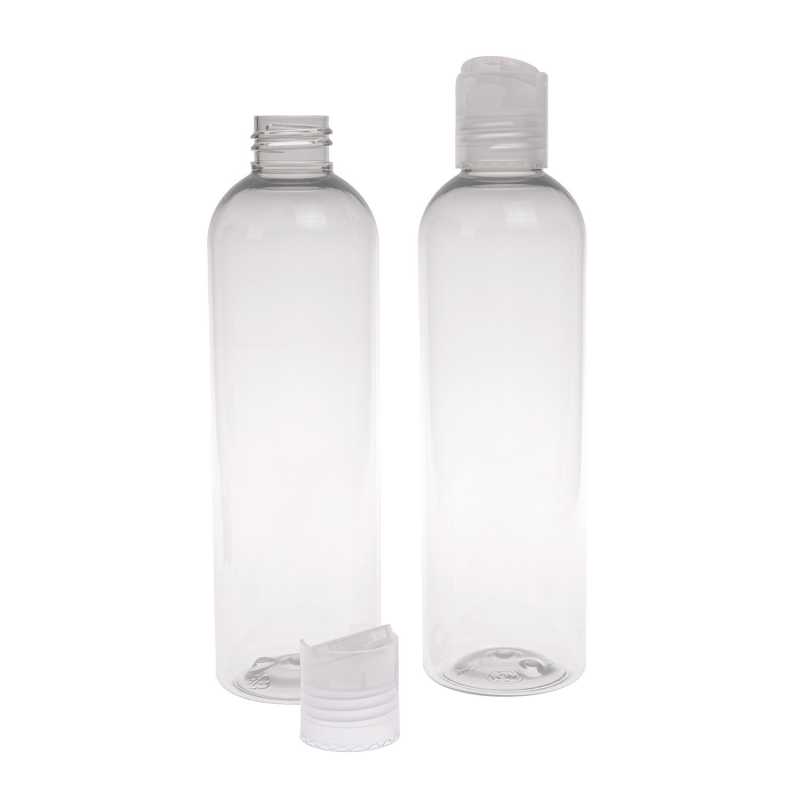 Transparent plastic bottle, ideal for storing a variety of liquids, oils, lotions, etc. It is semi-rigid, but can be squeezed. Made from recycled plastic.Volume