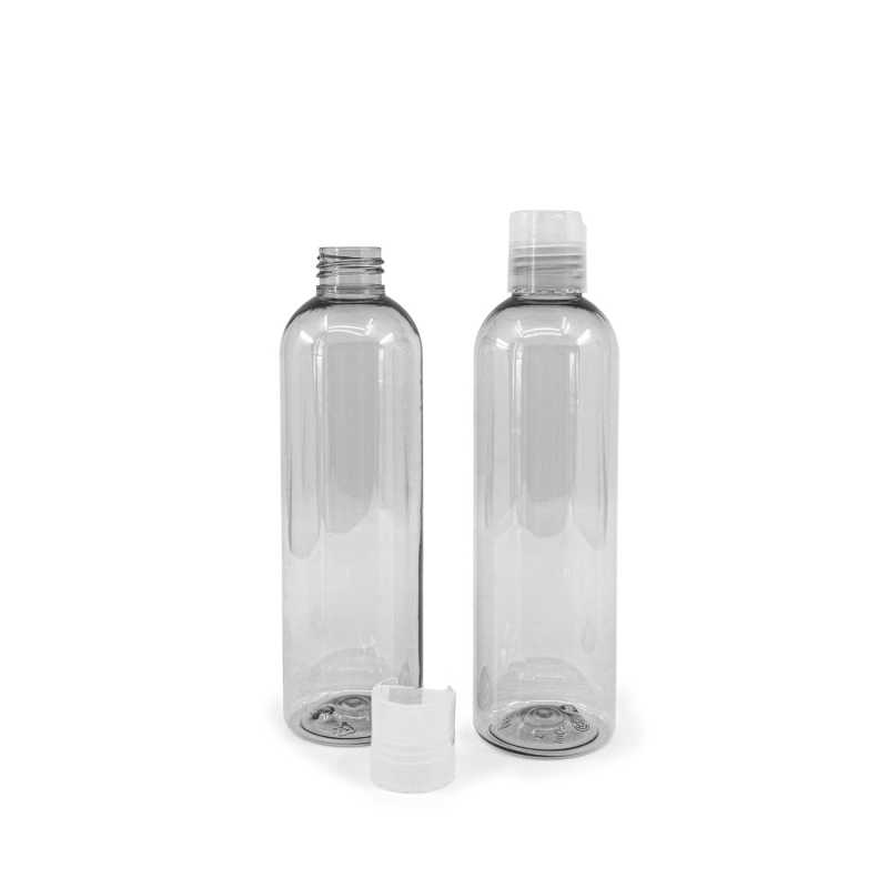 Transparent plastic bottle, ideal for storing a variety of liquids, oils, lotions, etc. It is semi-rigid, but can be squeezed. Made from recycled plastic.Volume