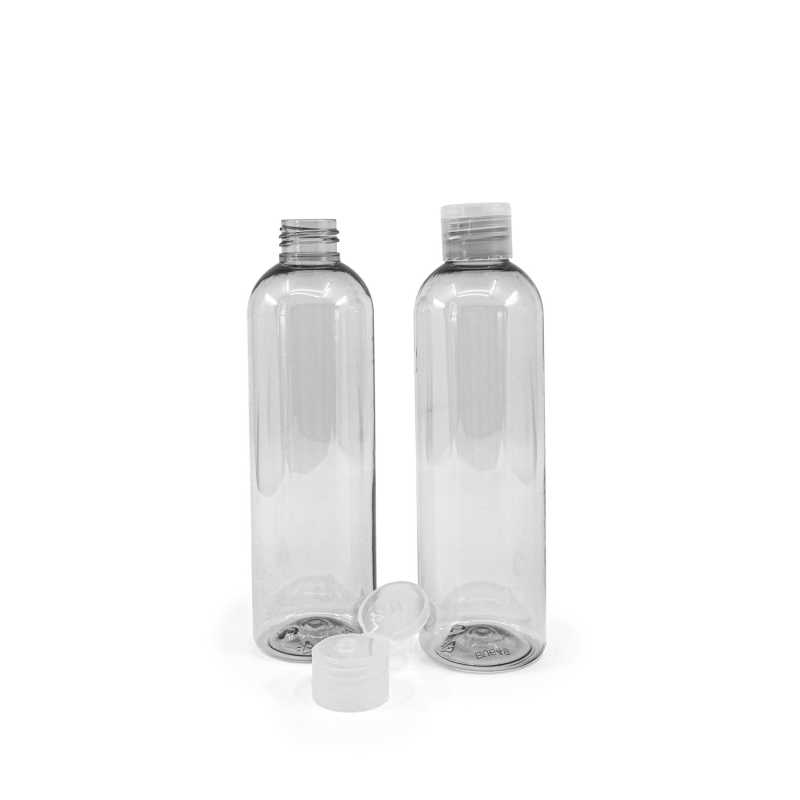 Transparent plastic bottle, ideal for storing a variety of liquids, oils, lotions, etc. It is semi-rigid, but can be squeezed. Made from recycled plastic.Volume