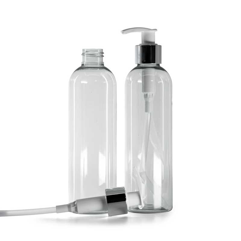 Recycled Plastic Bottle, White Lotion pump, 24/410, Glossy Silver, 250 ml