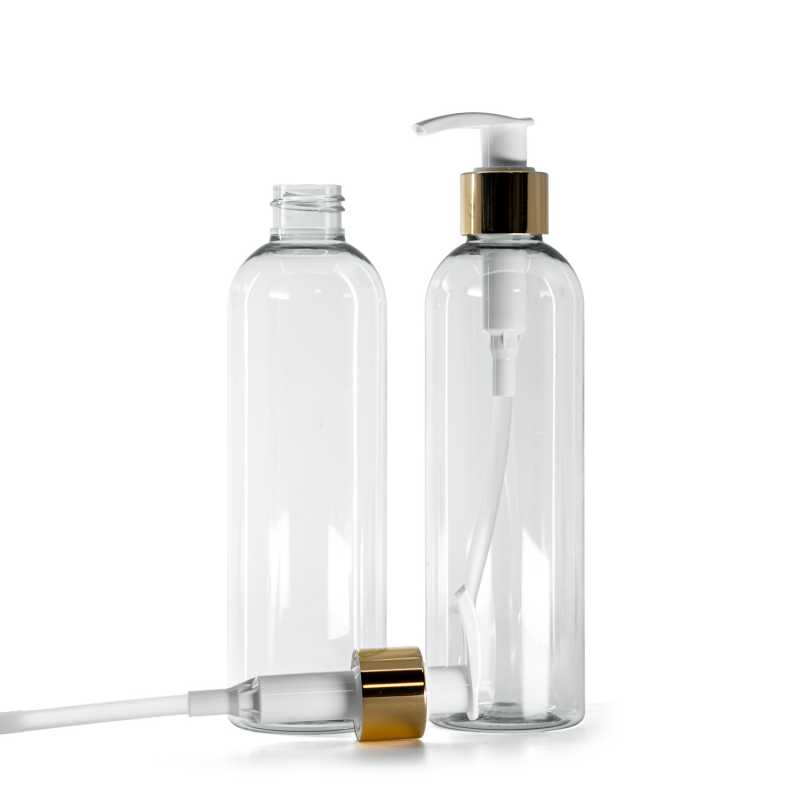 Recycled Plastic Bottle, White Lotion Pump With Glossy Gold Collar, 250 ml