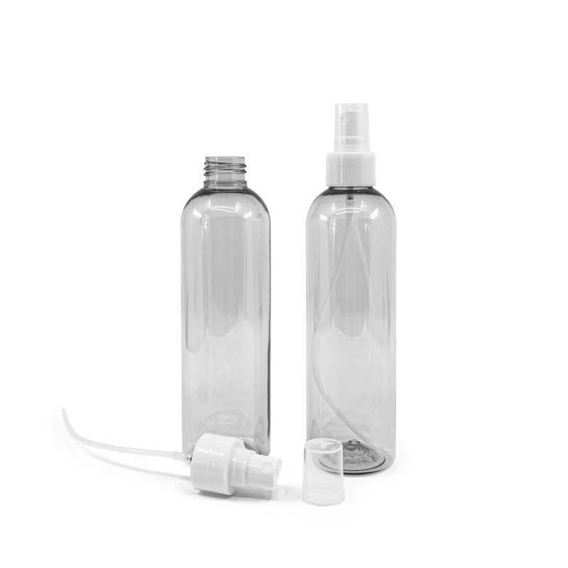 Transparent plastic bottle, ideal for storing a variety of liquids, oils, lotions, etc. It is semi-rigid, but can be squeezed. Made from recycled plastic.Volume