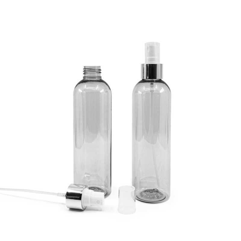 Transparent plastic bottle, ideal for storing a variety of liquids, oils, lotions, etc. It is semi-rigid, but can be squeezed. Made from recycled plastic.Volume