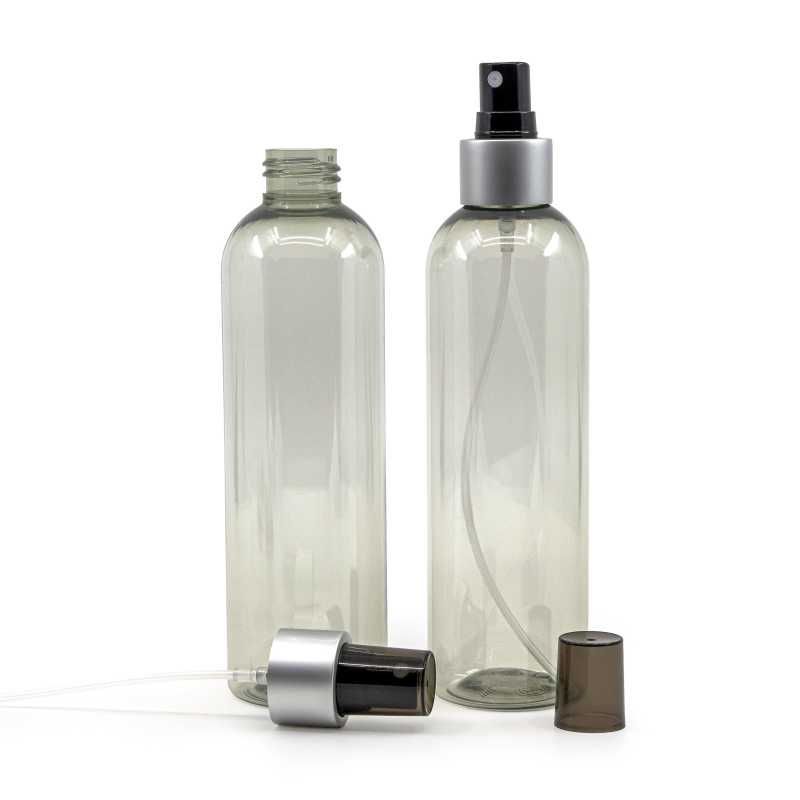 Transparent plastic bottle, ideal for storing a variety of liquids, oils, lotions, etc. It is semi-rigid, but can be squeezed. Made from recycled plastic.Volume