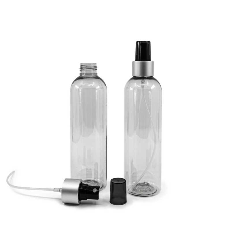 Transparent plastic bottle, ideal for storing a variety of liquids, oils, lotions, etc. It is semi-rigid, but can be squeezed. Made from recycled plastic.Volume