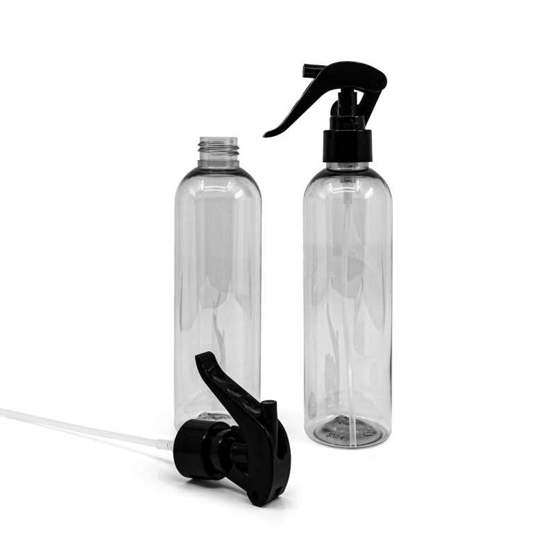 Transparent plastic bottle, ideal for storing a variety of liquids, oils, lotions, etc. It is semi-rigid, but can be squeezed. Made from recycled plastic.Volume