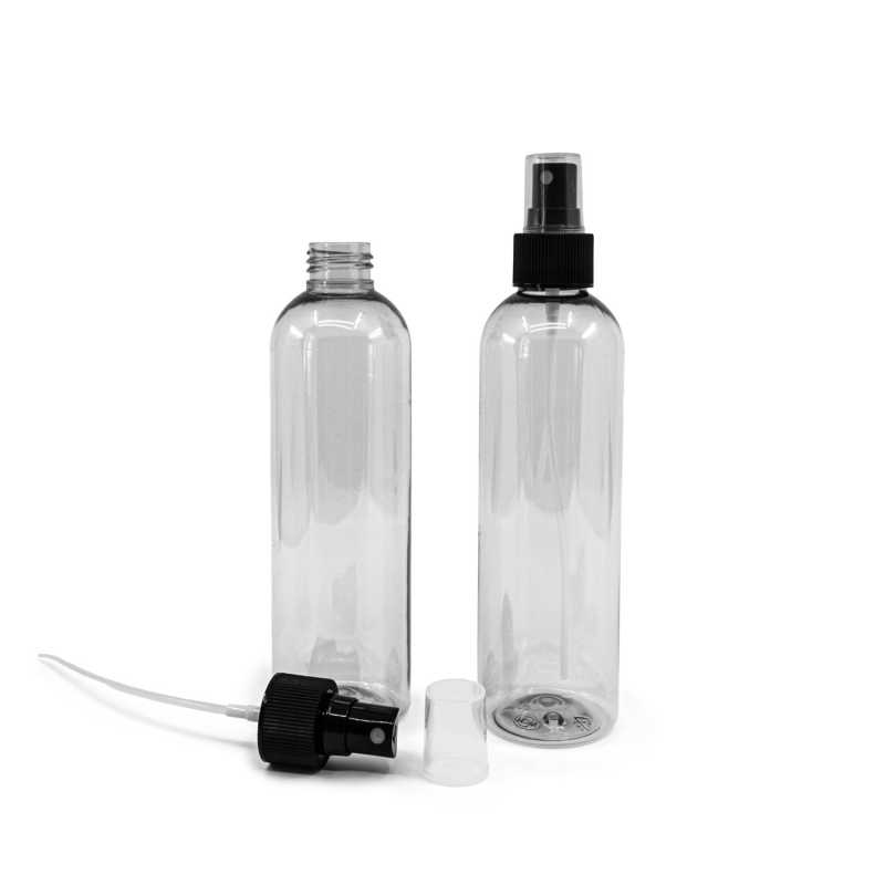 Transparent plastic bottle, ideal for storing a variety of liquids, oils, lotions, etc. It is semi-rigid, but can be squeezed. Made from recycled plastic.Volume