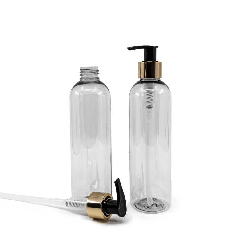 Transparent plastic bottle, ideal for storing a variety of liquids, oils, lotions, etc. It is semi-rigid, but can be squeezed. Made from recycled plastic.Volume