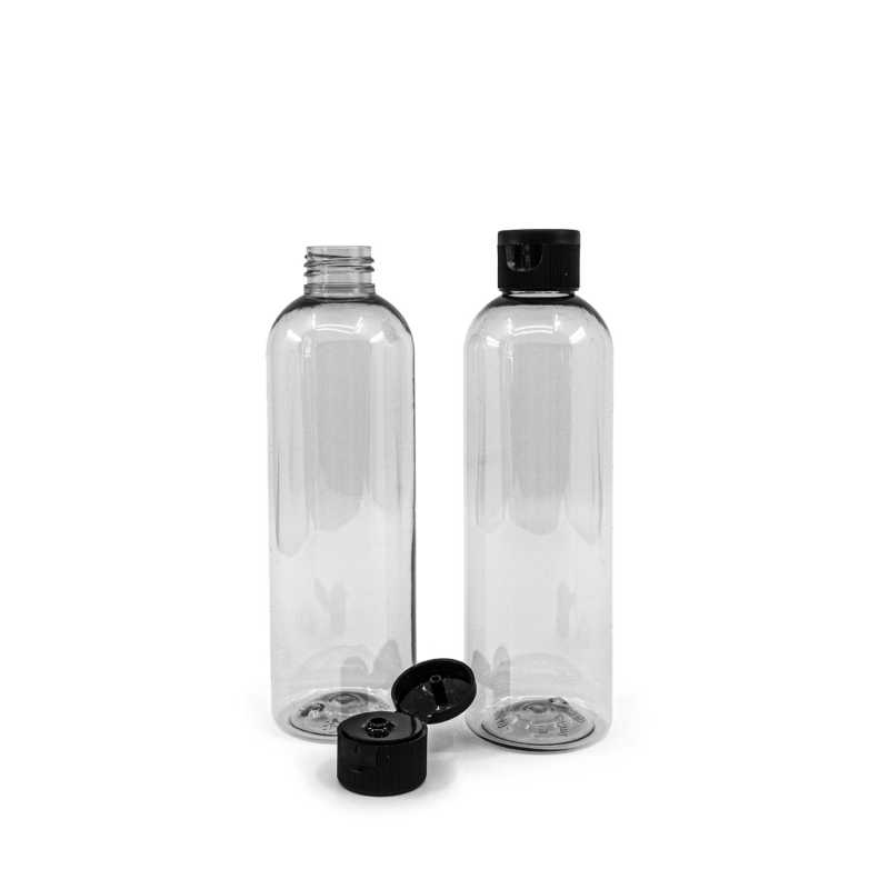 Transparent plastic bottle, ideal for storing a variety of liquids, oils, lotions, etc. It is semi-rigid, but can be squeezed. Made from recycled plastic.Volume