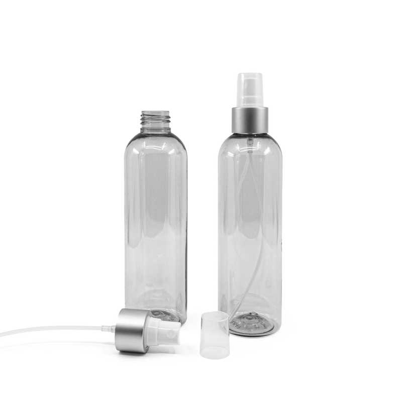 Transparent plastic bottle, ideal for storing a variety of liquids, oils, lotions, etc. It is semi-rigid, but can be squeezed. Made from recycled plastic.Volume