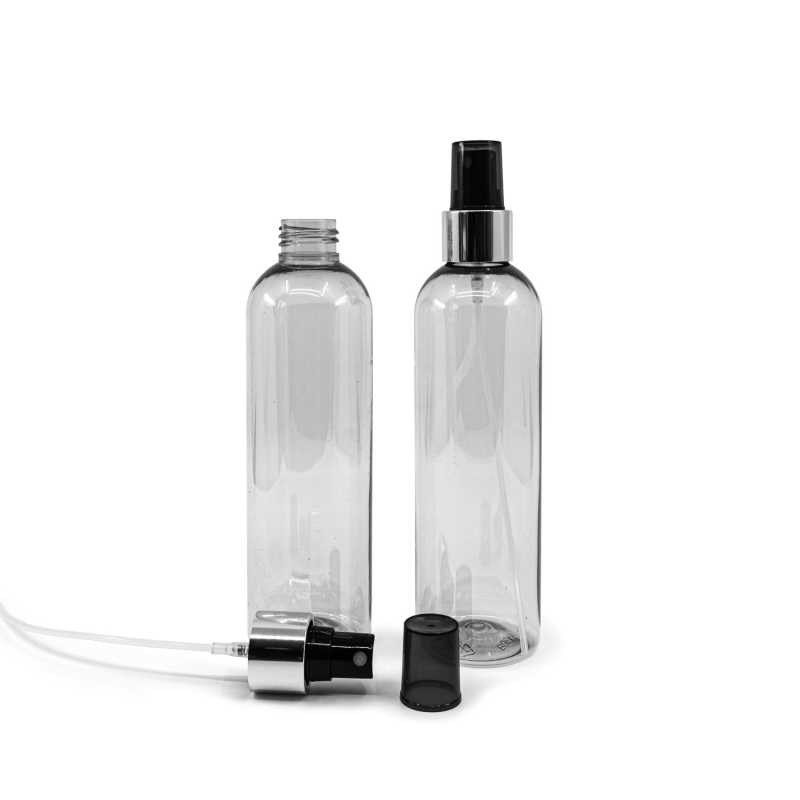 Transparent plastic bottle, ideal for storing a variety of liquids, oils, lotions, etc. It is semi-rigid, but can be squeezed. Made from recycled plastic.Volume