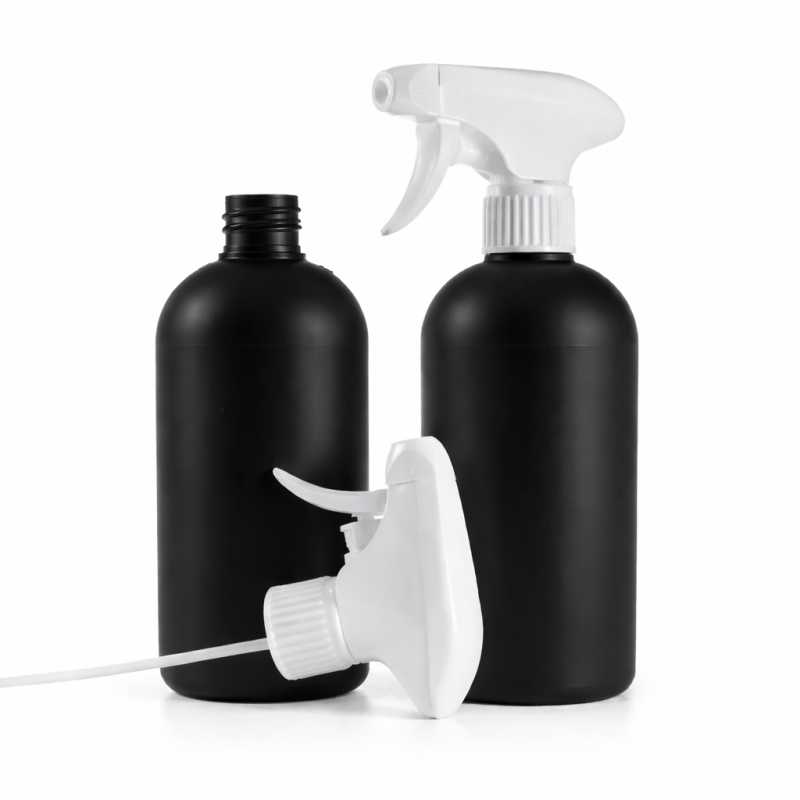 Black Plastic Bottle, HDPE, White Trigger Sprayer, 500 ml
