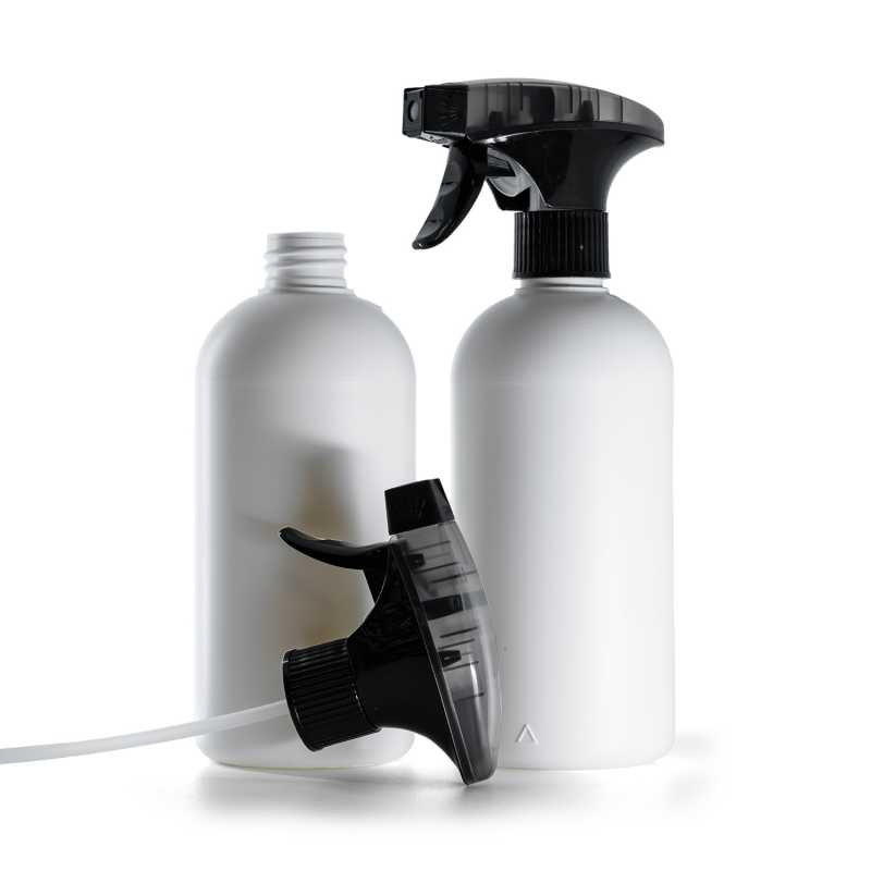 White Plastic Bottle, HDPE, Black Trigger Foaming Sprayer, 500 ml