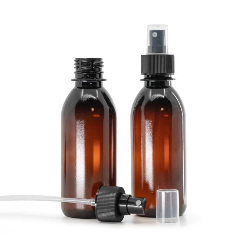  Brown Plastic Bottle 28/410, Fine Mist Sprayer, Black, Ribbed Collar, 28/410, 200 ml