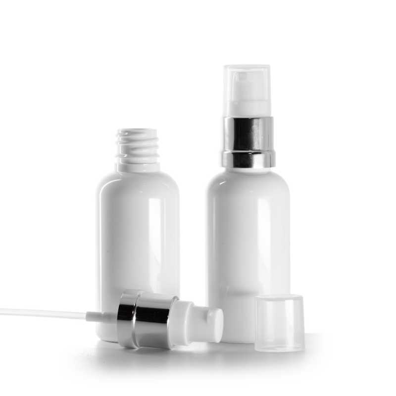 White Plastic Bottle, Glossy Silver White Pump, 50 ml