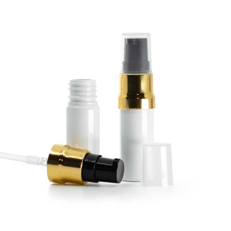 White Plastic Bottle, Glossy Gold Black Pump With Clear Overcap, 10 ml