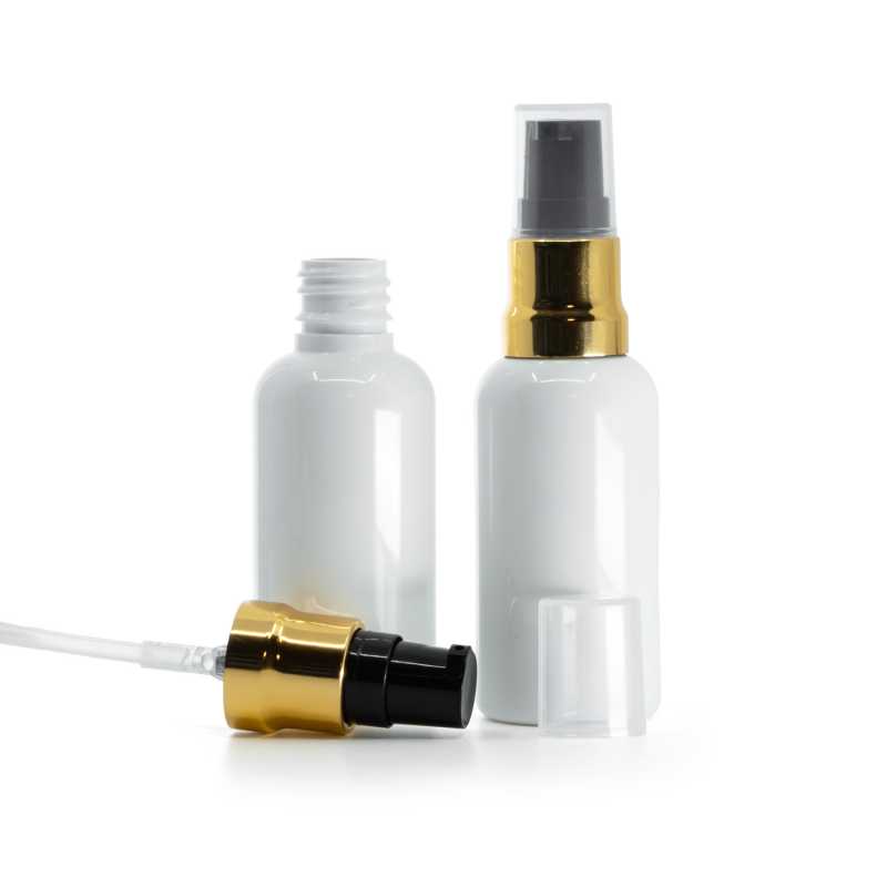 White Plastic Bottle, Glossy Gold Black Pump With Clear Overcap, 50 ml
