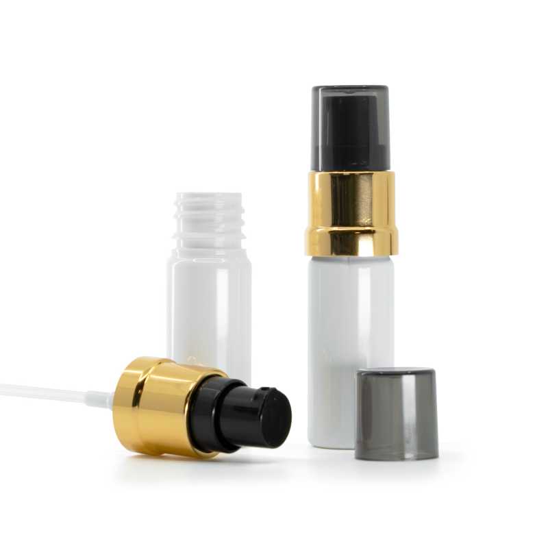 White Plastic Bottle, Glossy Gold Black Pump with Smoky Overcap, 10 ml