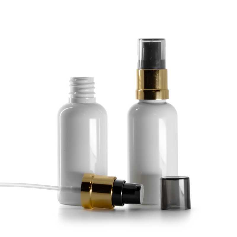 White Plastic Bottle, Glossy Gold Black Pump with Smoky Overcap, 50 ml