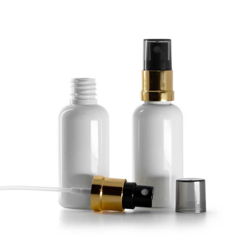White Plastic Bottle, Gold Black Spray, Smokey Overcap, 50 ml