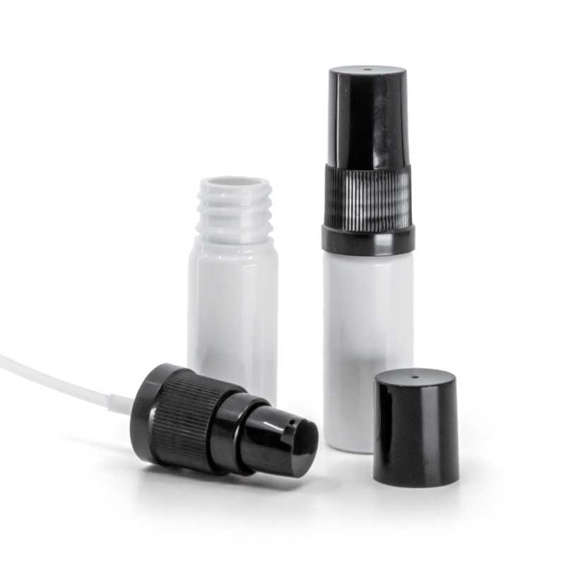 White Plastic Bottle, Black Lotion Pump with Black Overcap, 10 ml