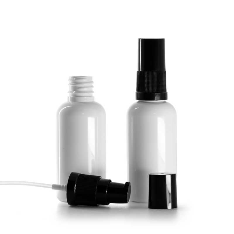White Plastic Bottle, Black Lotion Pump with Black Overcap, 50 ml