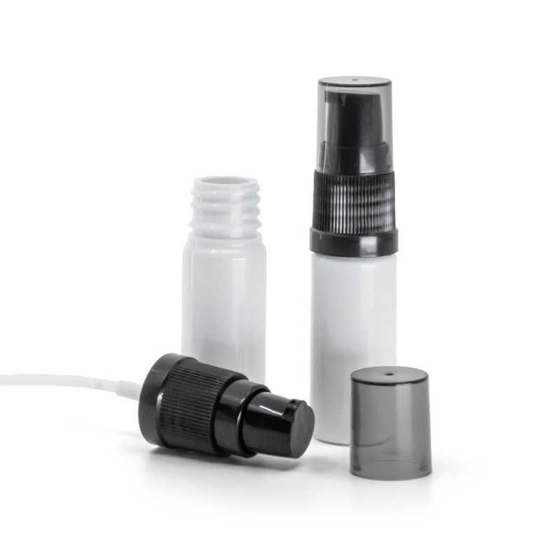 White Plastic Bottle, Black Lotion Pump with Smokey Overcap, 10 ml