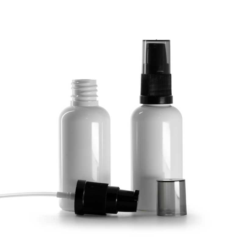 White Plastic Bottle, Black Lotion Pump With Smokey Overcap, 50 ml