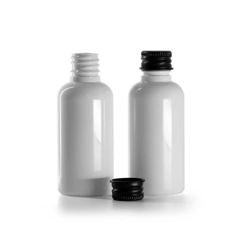 White Plastic Bottle, Black Aluminium Cap, 50 ml