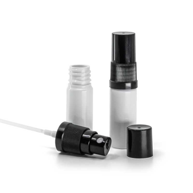 White Plastic Bottle, Black Fine Mist Sprayer, Black Overcap, 10 ml