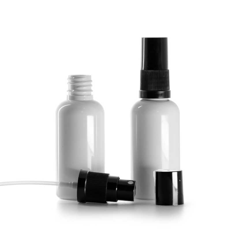 White Plastic Bottle, Black Fine Mist Sprayer, Black Overcap, 50 ml