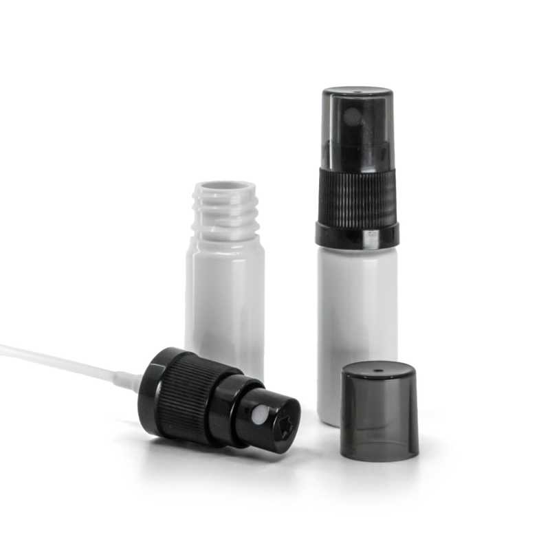 White Plastic Bottle, Black Fine Mist Sprayer, Smoky Overcap, 10 ml