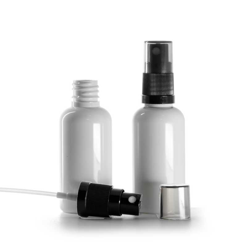 White Plastic Bottle, Black Fine Mist Sprayer, Smoky Overcap, 50 ml