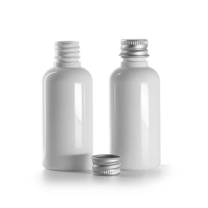 White Plastic Bottle, Silver Aluminium Cap, 50 ml