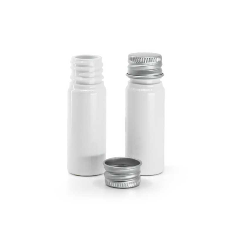 White Plastic Bottle, Silver Aluminium Cap, 10 ml
