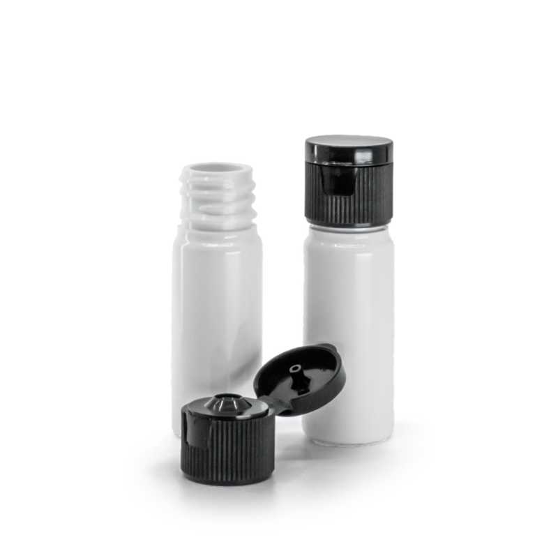 White Plastic Bottle, Black Plastic Flip Top Cap, 18/410, 10 ml