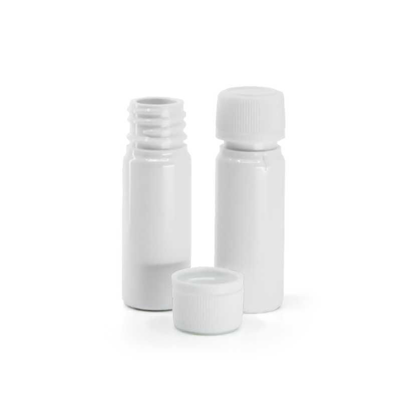 White Plastic Bottle, White Plastic Tamper Evident Cap, Ribbed, 18/410, 10 ml