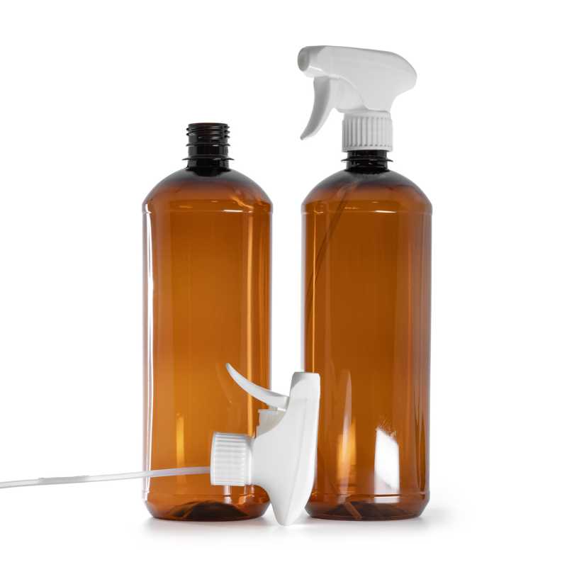 Brown Plastic Bottle, White Trigger Sprayer, 1000 ml