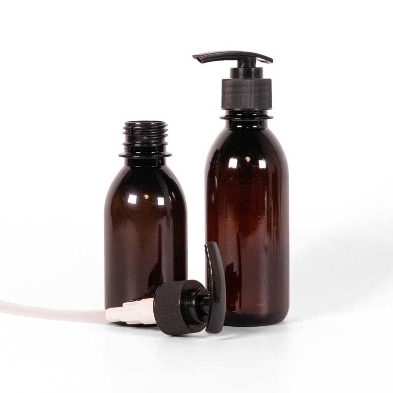 Brown Plastic Bottle, Black Ribbed Lotion Pump, 200 ml