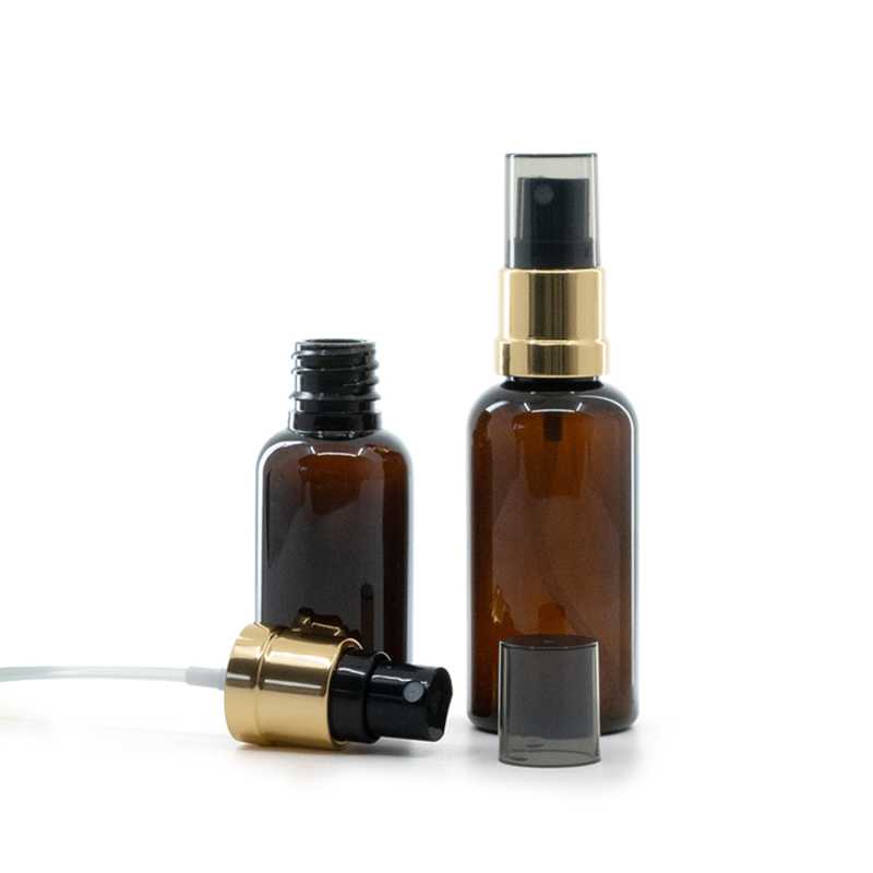 Amber Plastic Bottle, Gold Black Spray, Smoky Overcap, 50 ml
