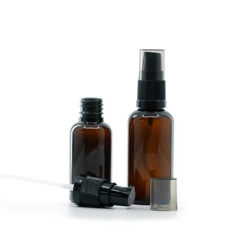 Amber Plastic Bottle, Black Lotion Pump with Smoky Overcap, 50 ml