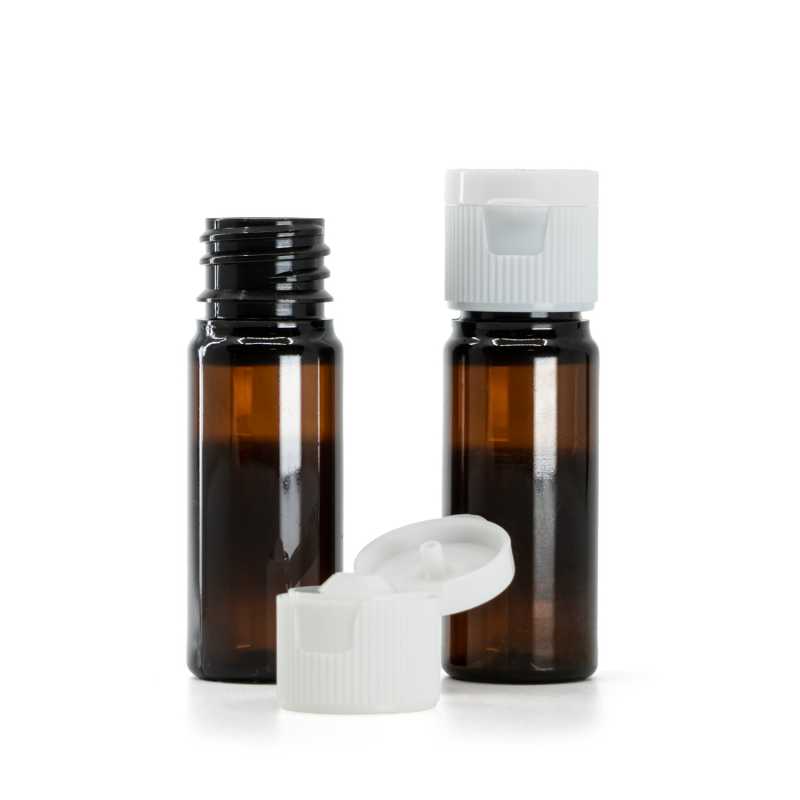 Amber Plastic Bottle, White Flip Top Cap, 18/410, 10 ml