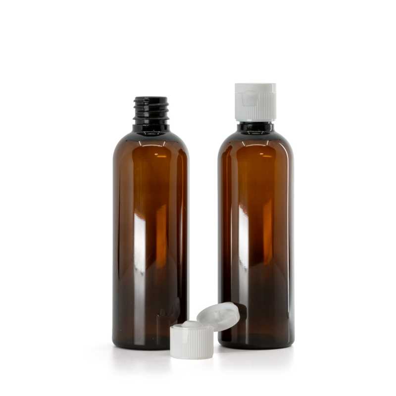 Amber Plastic Bottle, White Flip Top Cap, 18/410, 100 ml