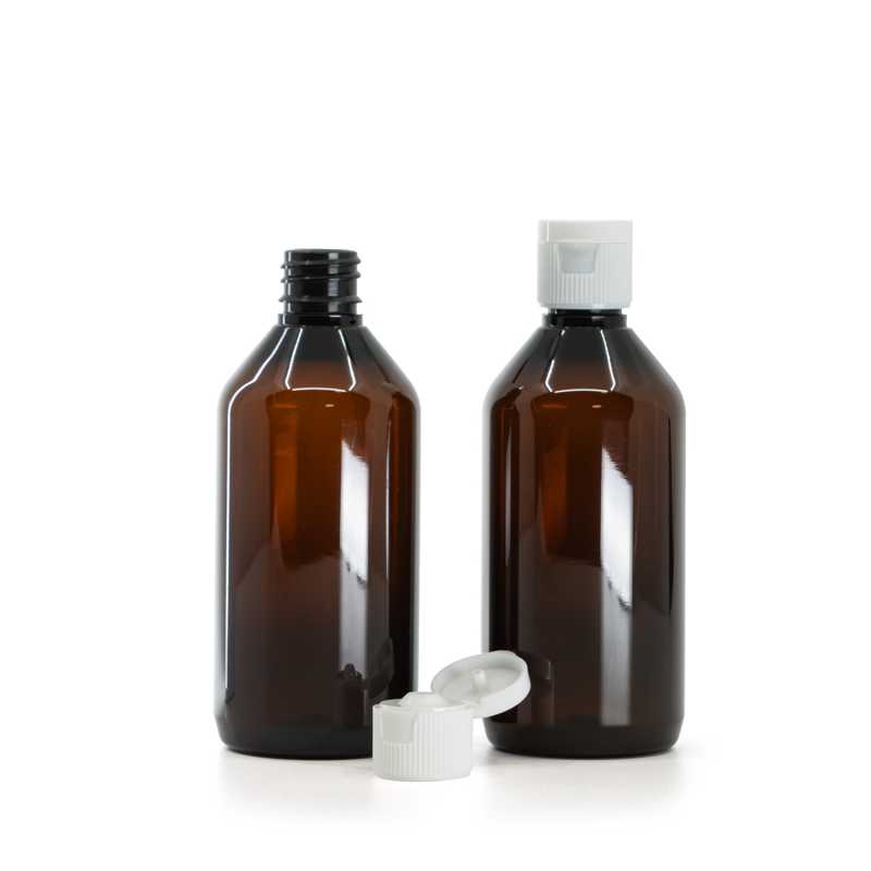 Amber Plastic Bottle, White Flip Top Cap, 18/410, 115 ml