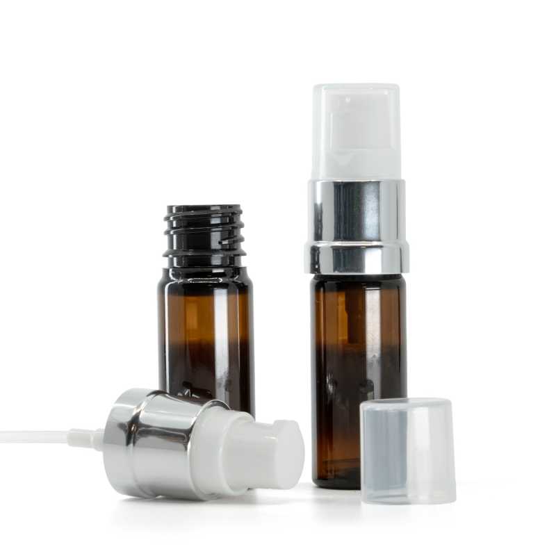 Amber Plastic Bottle, Glossy Silver White Pump, 10 ml