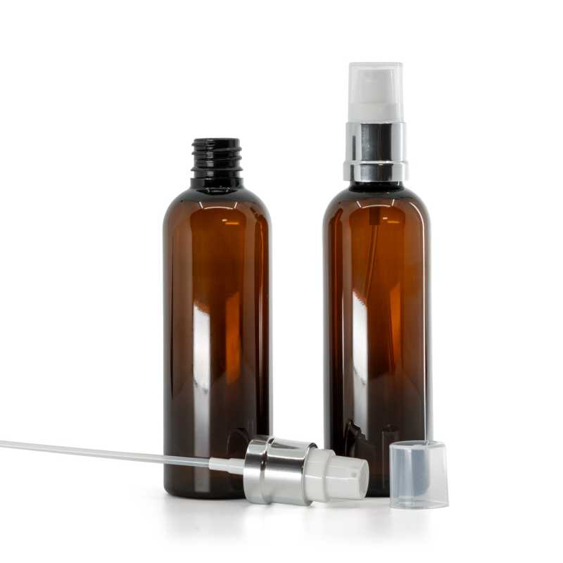 Amber Plastic Bottle, Glossy Silver White Pump, 100 ml